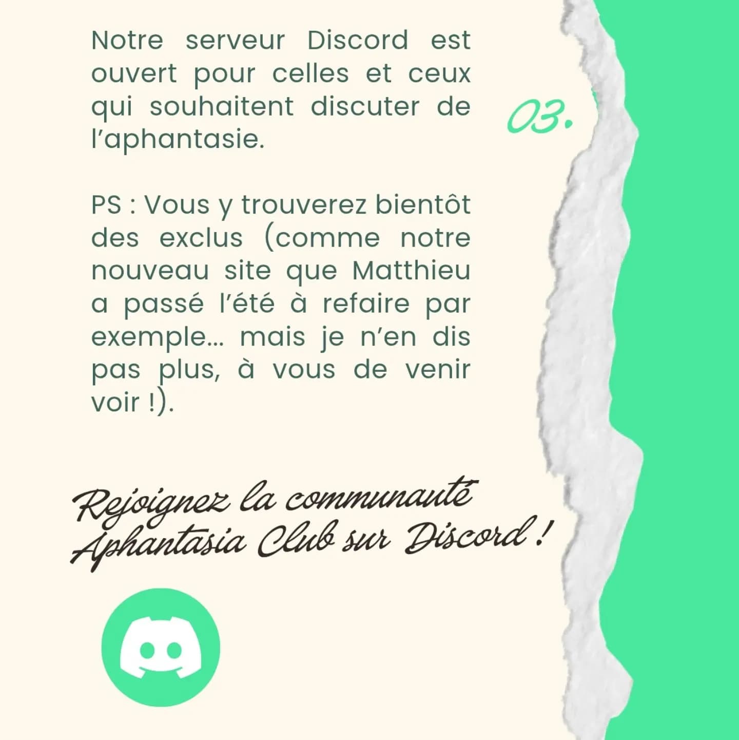 Planche crème qui invite à rejoindre le serveur Discord, avec le numéro 03, une signature manuscrite et le logo Discord dans un cercle vert.